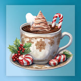 The Festive Hot Chocolate Holiday Design by InkMerge features a cup with a whipped cream tree, candy cane, holly sprig, and peppermint candies on a saucer—perfect for ready to press DTF transfers on a light blue background.