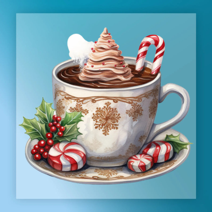 The Festive Hot Chocolate Holiday Design by InkMerge features a cup with a whipped cream tree, candy cane, holly sprig, and peppermint candies on a saucer—perfect for ready to press DTF transfers on a light blue background.