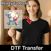 A woman holding a transparent image of a colorful soccer ball with a red arrow pointing to it.