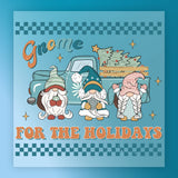 The InkMerge Gnome for the Holidays Design showcases three festive gnomes and a blue vintage truck with Christmas trees, plus "Gnome For The Holidays" text, stars, and checkerboard accents—ideal for your next heat press project.
