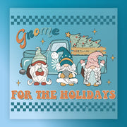 The InkMerge Gnome for the Holidays Design showcases three festive gnomes and a blue vintage truck with Christmas trees, plus "Gnome For The Holidays" text, stars, and checkerboard accents—ideal for your next heat press project.