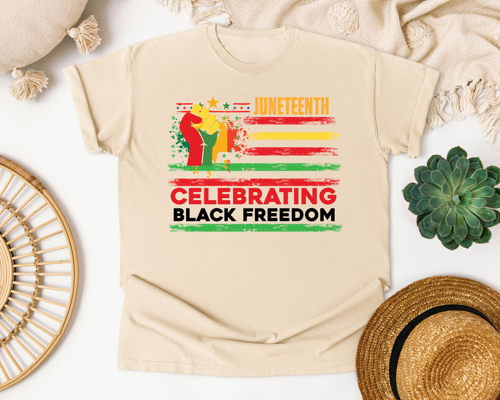 Juneteenth Flag Celebrating Freedom graphic tee in Ivory Comfort Colors 1717