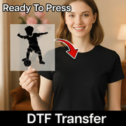 A woman holding a transparent sheet with a silhouette of a person playing soccer, and there is a red arrow pointing to the sheet.