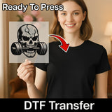 A woman holding a transparent sheet with a skull and weights graphic on it, with a red arrow pointing to her chest.