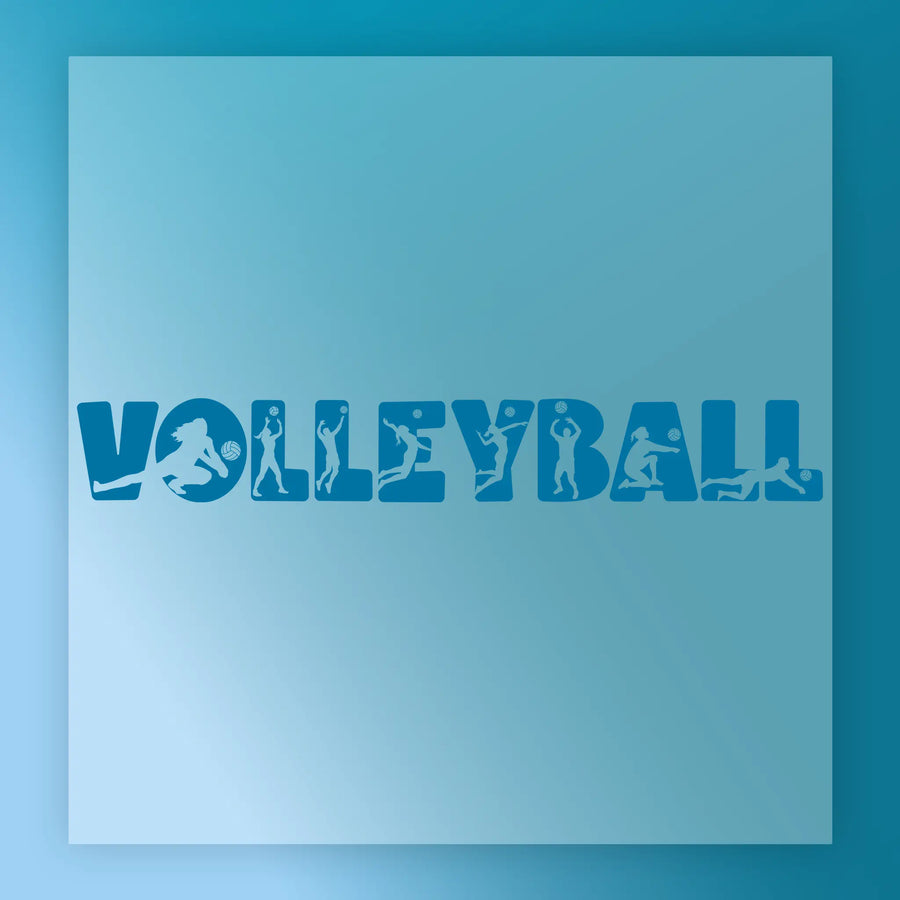 the word "VOLLEYBALL" in stylized text, with each letter representing a different volleyball player.
