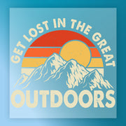 The InkMerge Take A Hike Retro Mountain Sunset features snow-capped peaks and an orange-yellow striped sky with "Get lost in the great outdoors"—ideal for DTF transfer or heat press designs.