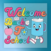 The image is a colorful illustration featuring a cartoon character, an apple, a mug, and various school-related elements such as a book and a flower, all set against a blue background.