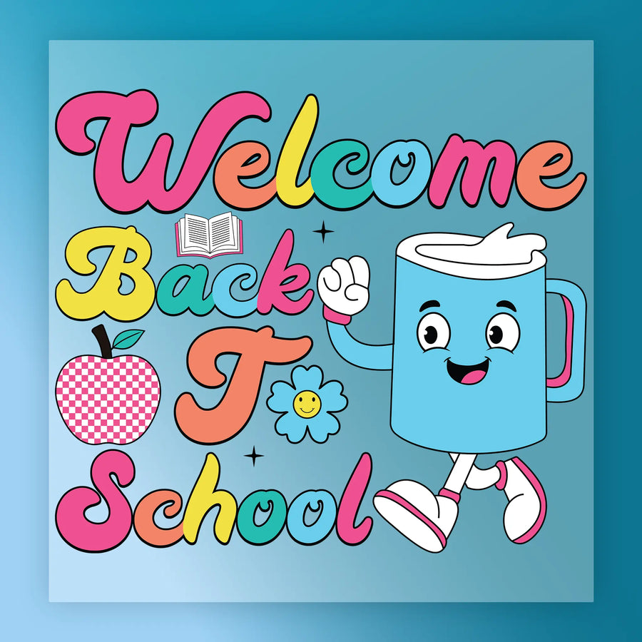 The image is a colorful illustration featuring a cartoon character, an apple, a mug, and various school-related elements such as a book and a flower, all set against a blue background.