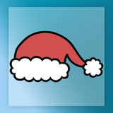 The Santa Hat Christmas Cheer by InkMerge features a red Santa hat with a white fluffy brim and pom-pom on a blue square background—ideal for custom apparel or as a vibrant DTF transfer design.