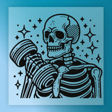 A stylized illustration of a skeleton holding a weight, surrounded by stars and other abstract elements.