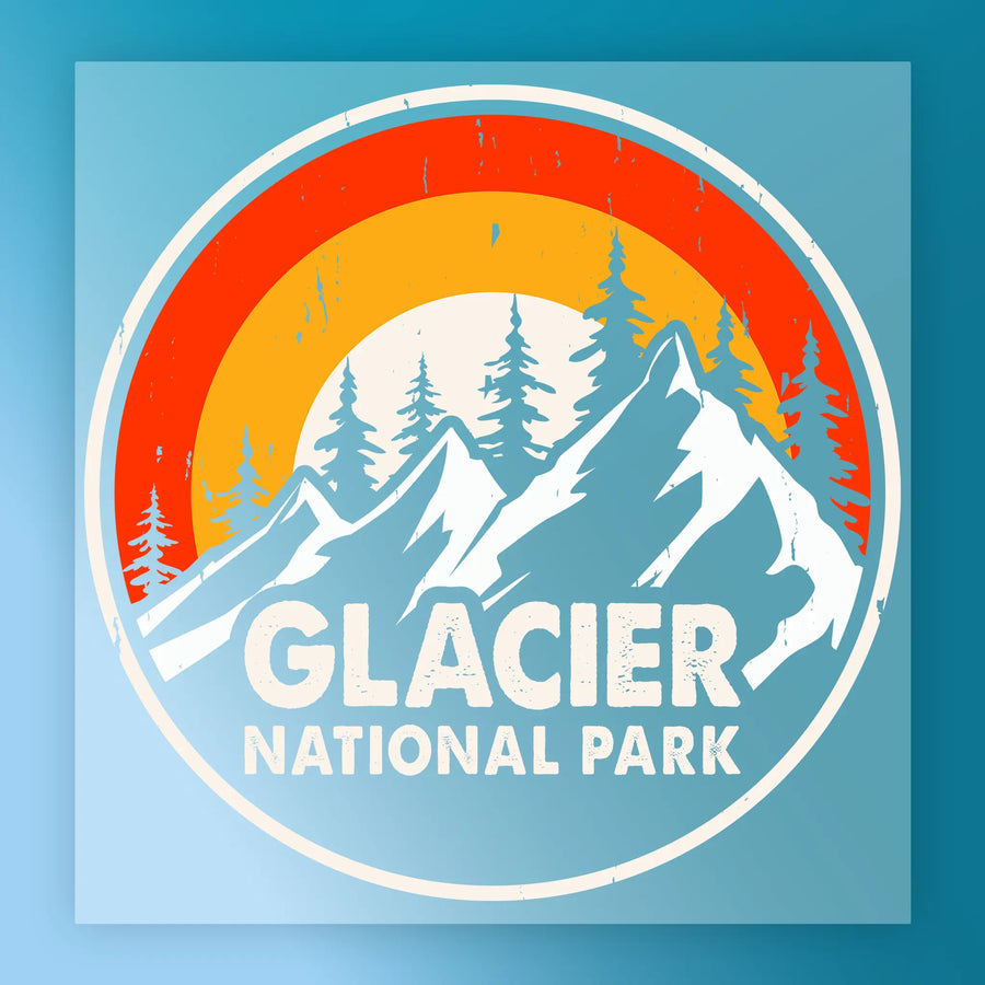 Vintage-style Glacier National Park illustration with snowy peaks, pines, and a retro sunset in red, orange, and yellow—ideal for custom apparel using InkMerge’s Retro Mountain Rainbow Adventure - Heat Press Ready DTF transfer.