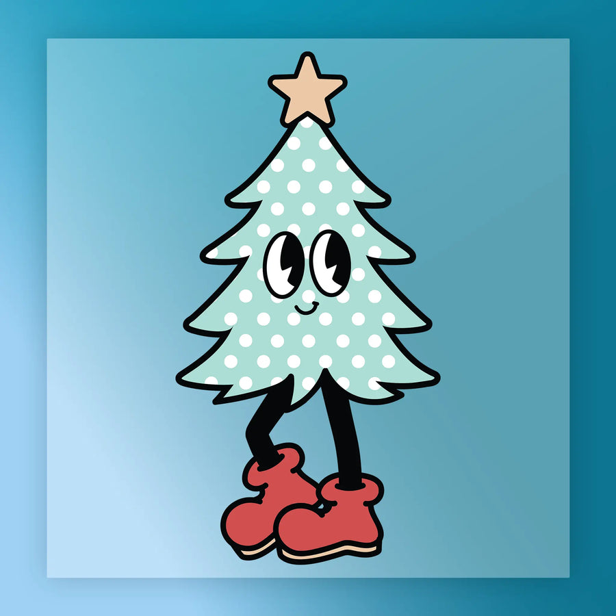 A whimsical Christmas tree with white polka dots, star topper, smiling face, black legs, and red boots on a blue background. The InkMerge Funny Christmas Tree Design - Heat Press Ready is perfect for unique holiday apparel!.