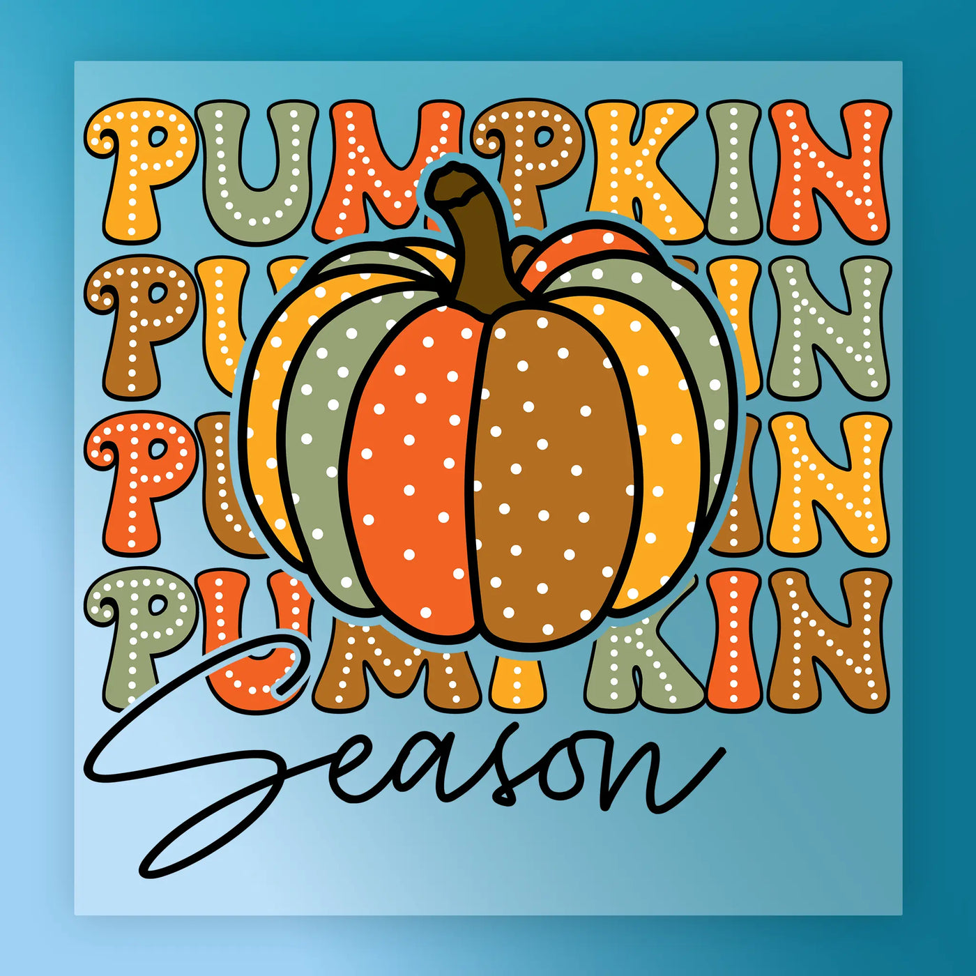 A colorful illustration featuring a large pumpkin surrounded by the word "Pumpkin" in various colors and sizes, with the word "Season" written below it.