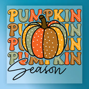 A colorful illustration featuring a large pumpkin surrounded by the word "Pumpkin" in various colors and sizes, with the word "Season" written below it.