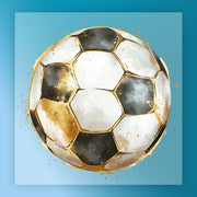 A watercolor painting of a soccer ball with a gold and black pattern, set against a blue background.