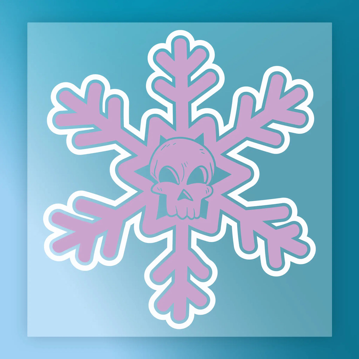 A stylized purple snowflake with a cartoon skull center on a blue gradient background, the Gothic Skull Snowflake Design by InkMerge is perfect for DTF or heat press transfers that blend winter and spooky styles.