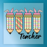A collection of colorful pencils with bunny ears on top, arranged in a row, with the word "Teacher" written below them.