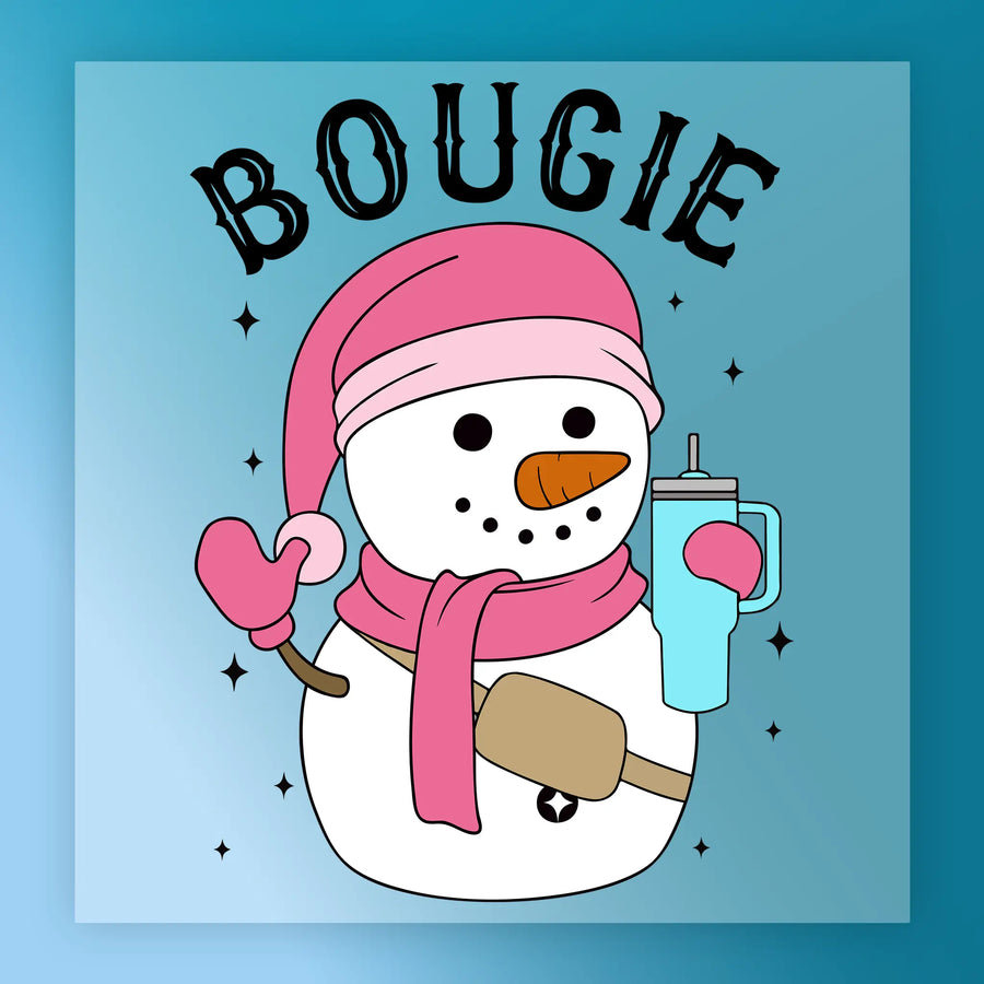 The Cheerful Snowman with Pink Scarf by InkMerge features a snowman in pink accessories holding a blue tumbler, "BOUGIE" bold above, plus a beige crossbody bag and black stars—ideal for heat press or DTF transfer projects.