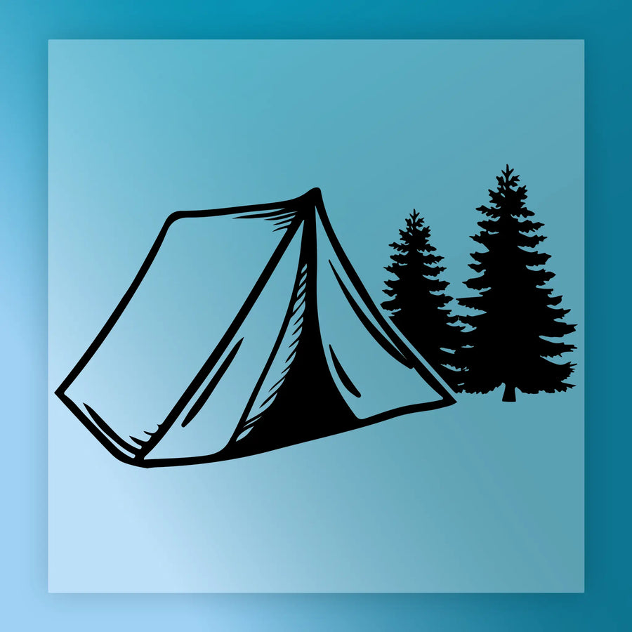 A tent is depicted in the image, with two pine trees in the background.