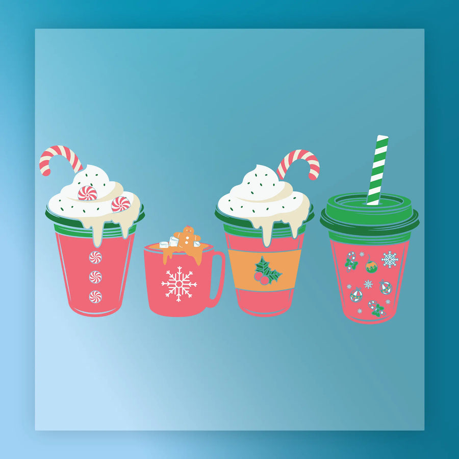 InkMerge’s Festive Holiday Drinks Design features four DTF transfer red cup designs with whipped cream, candy canes, a gingerbread man, and holiday accents on a blue background—ready to press for your next project!.