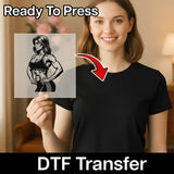 A woman holding a transparent sheet with a black and white illustration of a muscular woman on it, with a red arrow pointing to her chest.