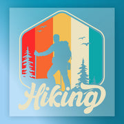 A silhouette of a hiker in a forest setting, with a colorful background and the word "Hiking" prominently displayed.