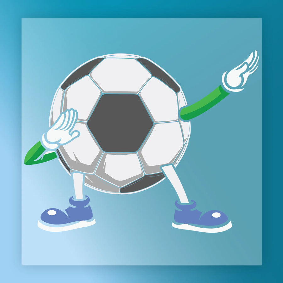 A cartoon soccer ball character with arms and legs, wearing blue shoes, is depicted in the image.
