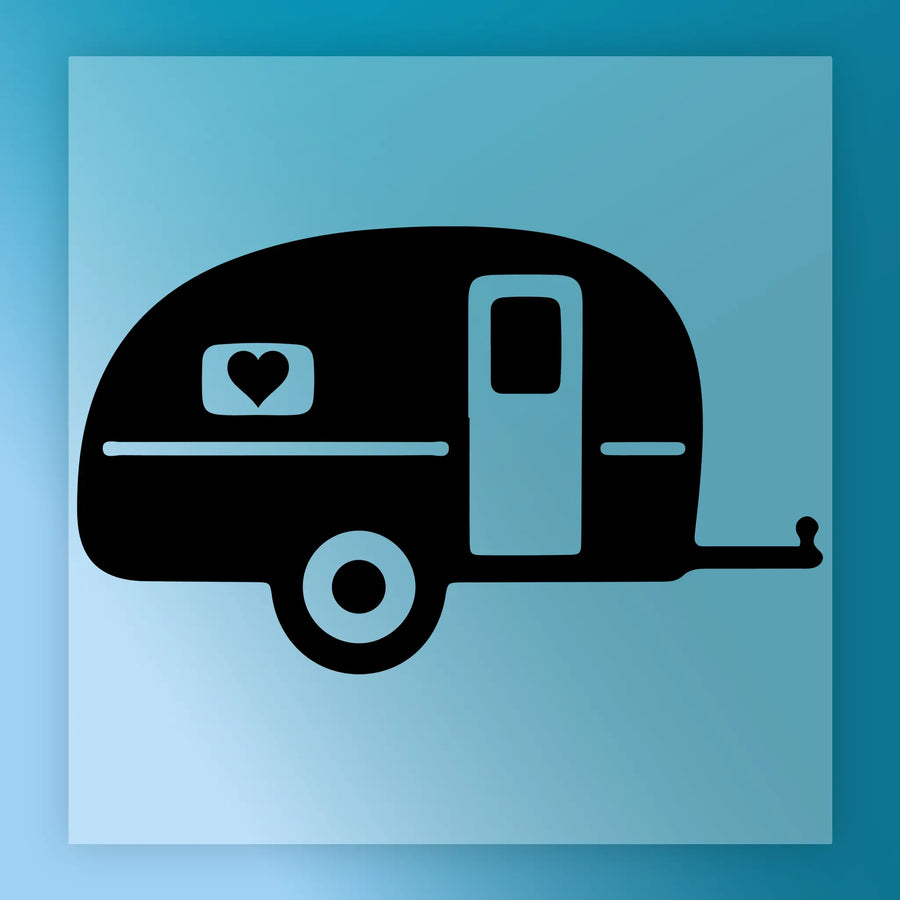 A black and white illustration of a camper trailer with a heart symbol on the side.