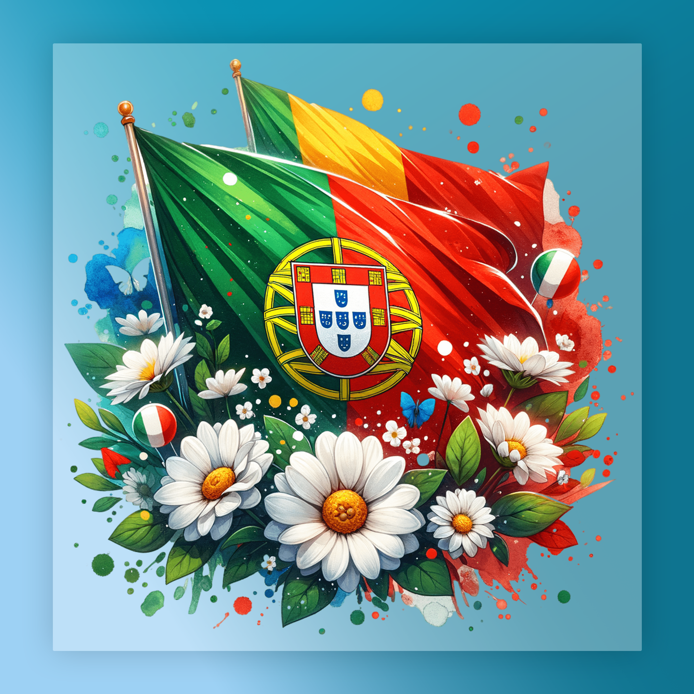 The image is a vibrant and colorful illustration featuring the flag of Portugal, flowers, and butterflies.