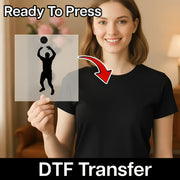 A woman holding a sign with a volleyball silhouette on it, and there is a red arrow pointing to the sign.