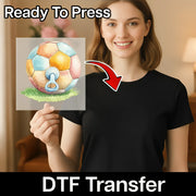 A woman holding a sign with a soccer ball on it, and there is a text overlay that says "Ready To Press" and "DTF Transfer".