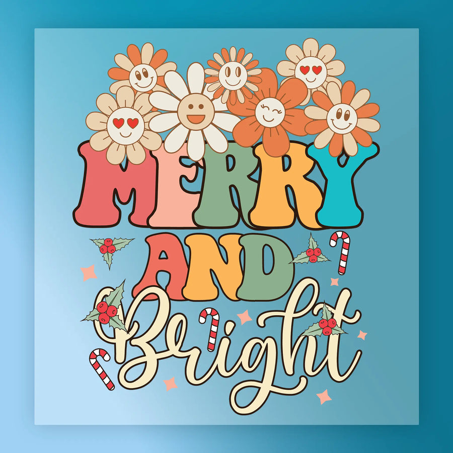 The "Merry And Bright Cartoon Flowers" by InkMerge features cheerful text, smiling flowers, holly leaves, and candy canes on a blue background—ideal for festive holiday DTF or heat press garment transfers.