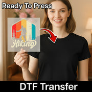 A woman holding a transparent decal with the word "Hiking" on it, and there is a red arrow pointing to her chest.