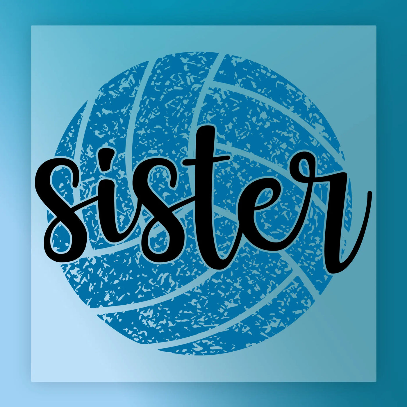 A blue volleyball with the word "sister" written on it in a stylized font.