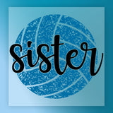 A blue volleyball with the word "sister" written on it in a stylized font.