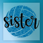 A blue volleyball with the word "sister" written on it in a stylized font.