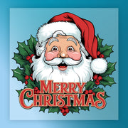The Merry Christmas Santa Claus Design by InkMerge features a smiling Santa in a red hat, surrounded by holly leaves and berries, with "Merry Christmas" below him on a blue background—perfect for holiday DTF transfers.