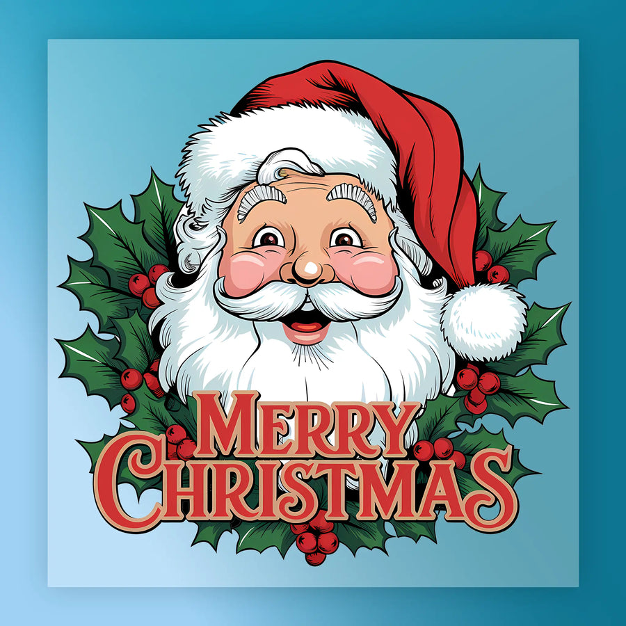 The Merry Christmas Santa Claus Design by InkMerge features a smiling Santa in a red hat, surrounded by holly leaves and berries, with "Merry Christmas" below him on a blue background—perfect for holiday DTF transfers.