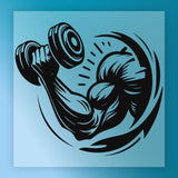 A stylized illustration of a muscular arm lifting a dumbbell, with a blue background.