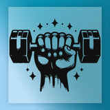 A black and white illustration of a hand holding a dumbbell, surrounded by stars.