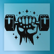 A black and white illustration of a hand holding a dumbbell, surrounded by stars.