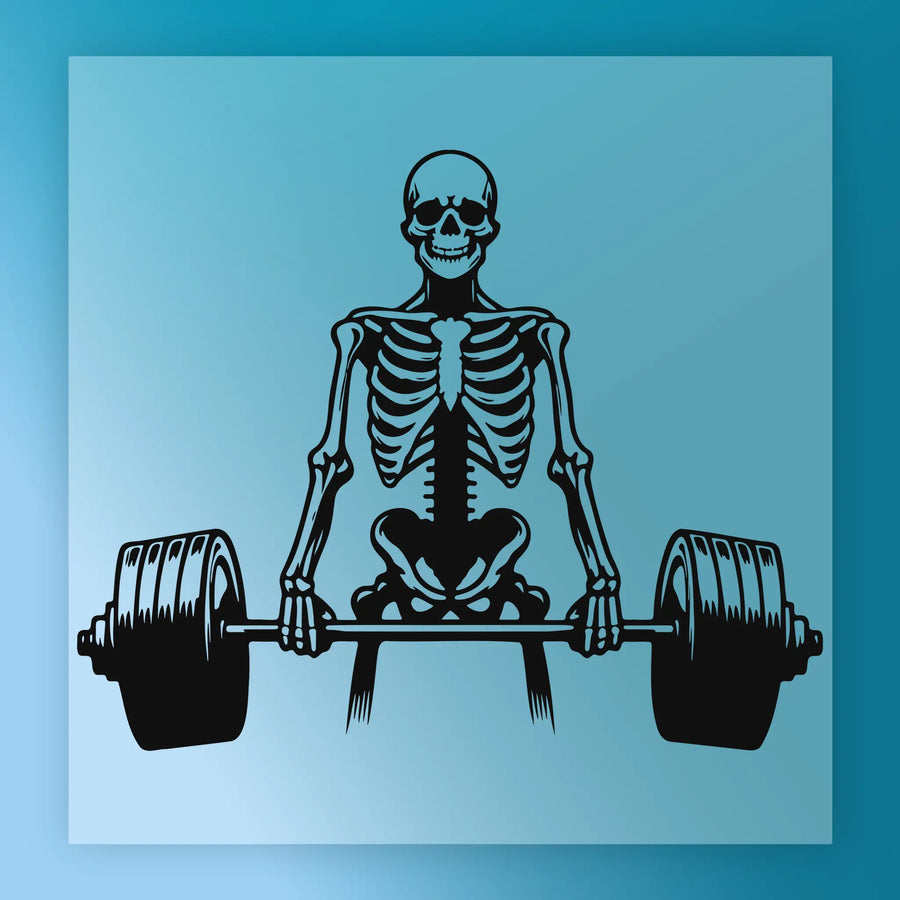 A skeleton lifting a barbell against a blue background.
