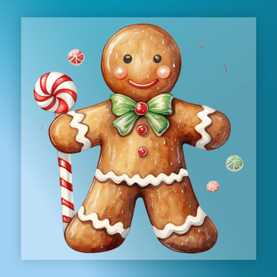 InkMerge’s Gingerbread Man Holiday Cheer features a smiling gingerbread man with white icing, red buttons, and a green bow tie holding a candy cane. Surrounded by colorful candies on blue—ideal for DTF transfer projects!.