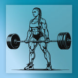 A muscular woman lifting a barbell with weights on it, depicted in a black and white illustration.