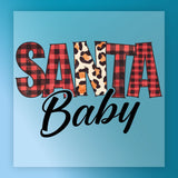 The image shows InkMerge's Santa Baby Plaid Leopard Design, with "Santa" in bold red plaid and leopard print, and "Baby" in elegant black cursive on light blue—ideal as a DTF transfer for festive holiday shirt projects.