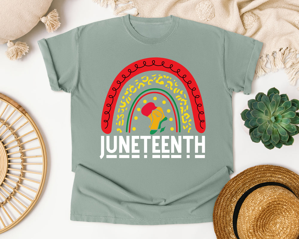 Juneteenth Rainbow Fist graphic tee in Bay Comfort Colors 1717
