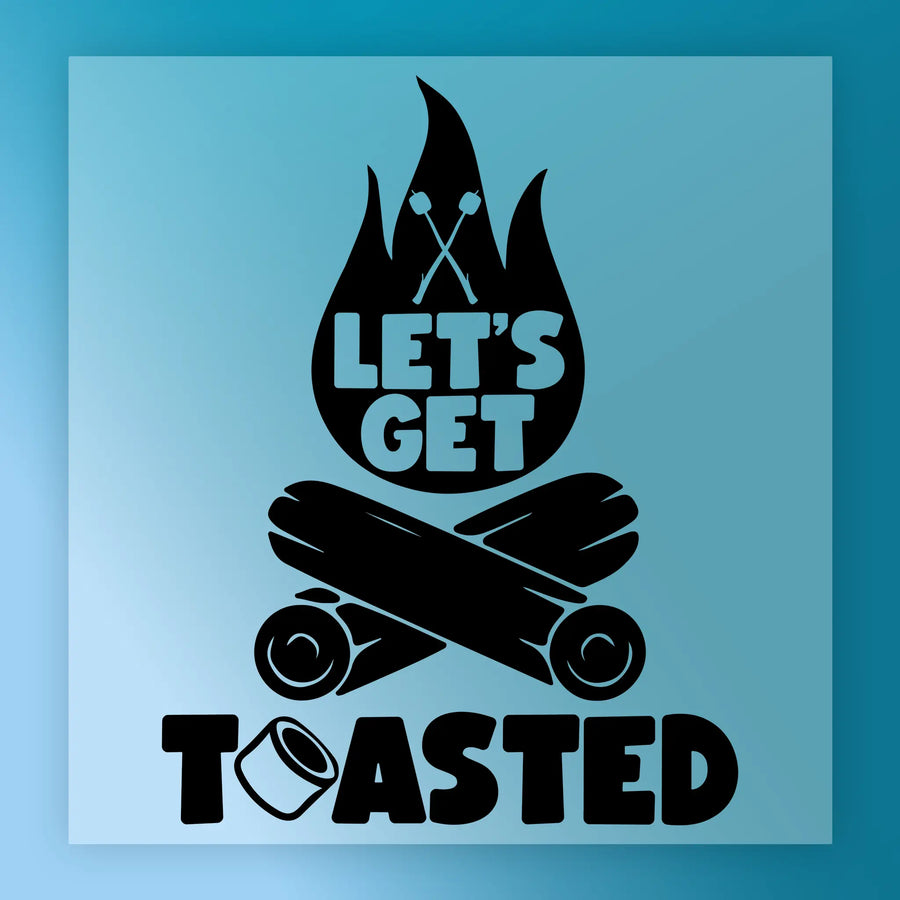 The Let’s Get Toasted Campfire Design by InkMerge features a black campfire with crossed logs and marshmallow sticks. “LET’S GET” appears inside the flame, “TOASTED” below, with a marshmallow as the "O"—ideal for heat press or DTF on blue.