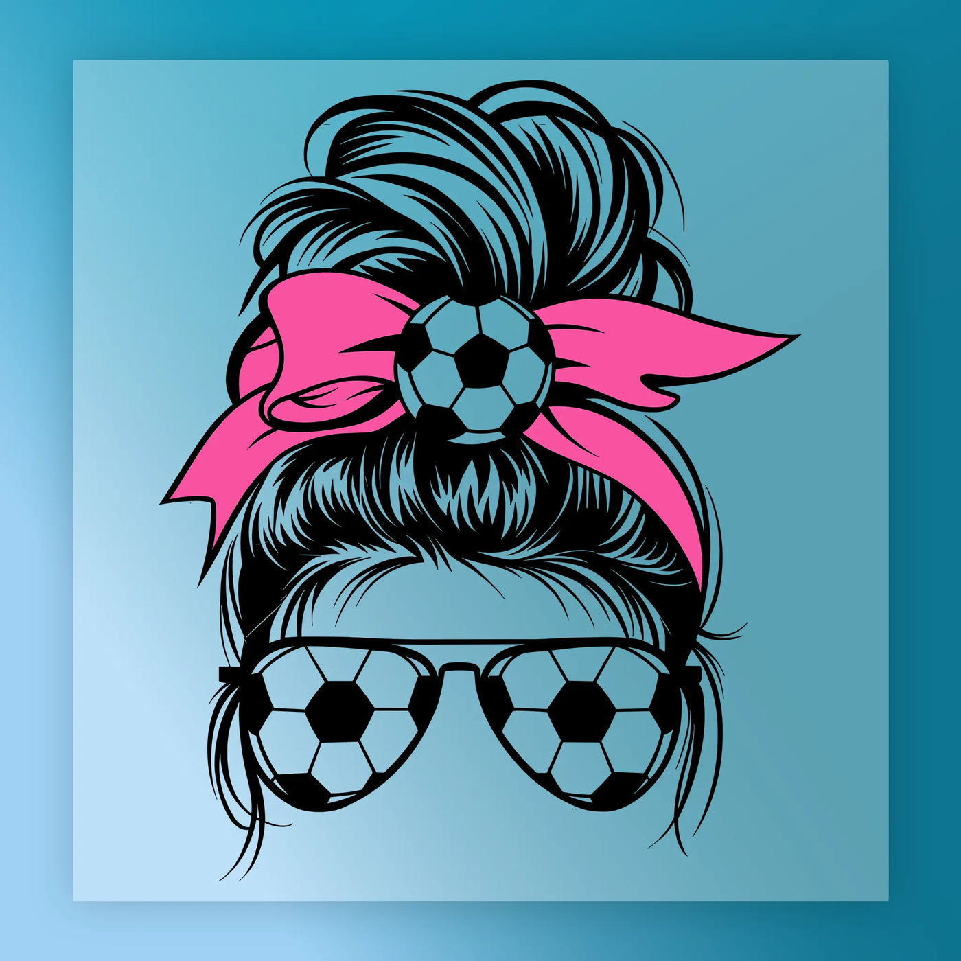 A stylized illustration of a woman's head with a soccer ball on her head, wearing sunglasses and a pink ribbon.