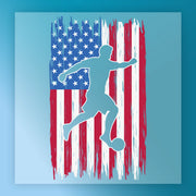 A silhouette of a person playing soccer against the backdrop of the American flag.