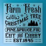 InkMerge’s Farm Fresh Christmas Tree Vintage Design features black text on blue with tree silhouettes, snowflakes, “Pine. Spruce. Fir,” “Cut and Carry,” and “Est. 1845”—ideal for DTF transfers with charming vintage style.